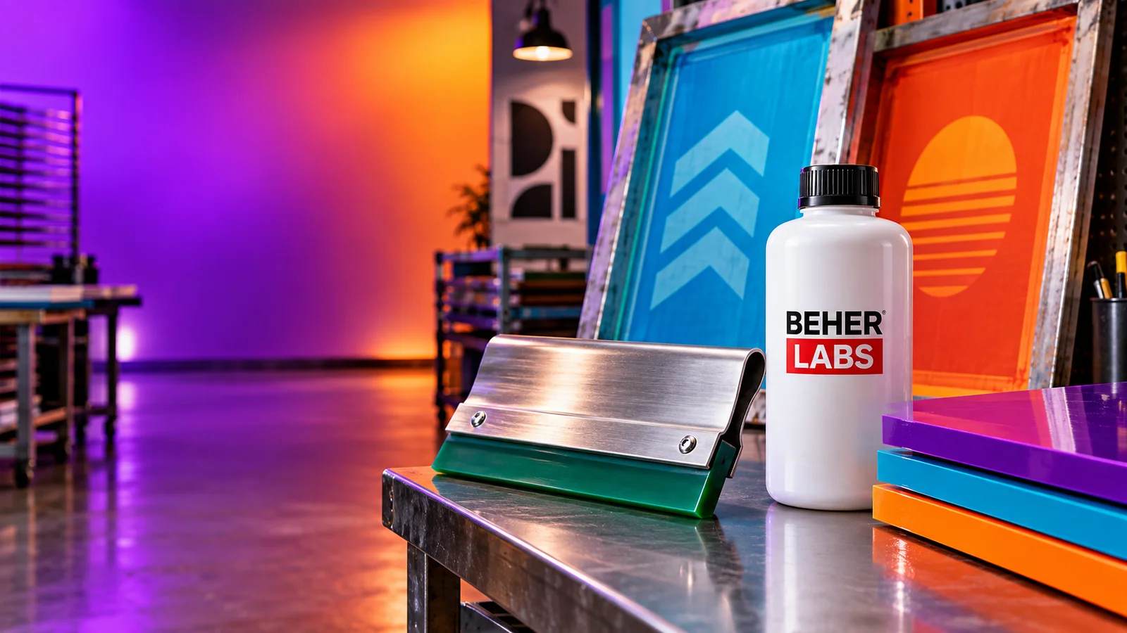 Serigrafi atölyesinde renkli baskı eleklerinin ve sıyırıcının yanında duran Beherlabs etiketli beyaz şişe