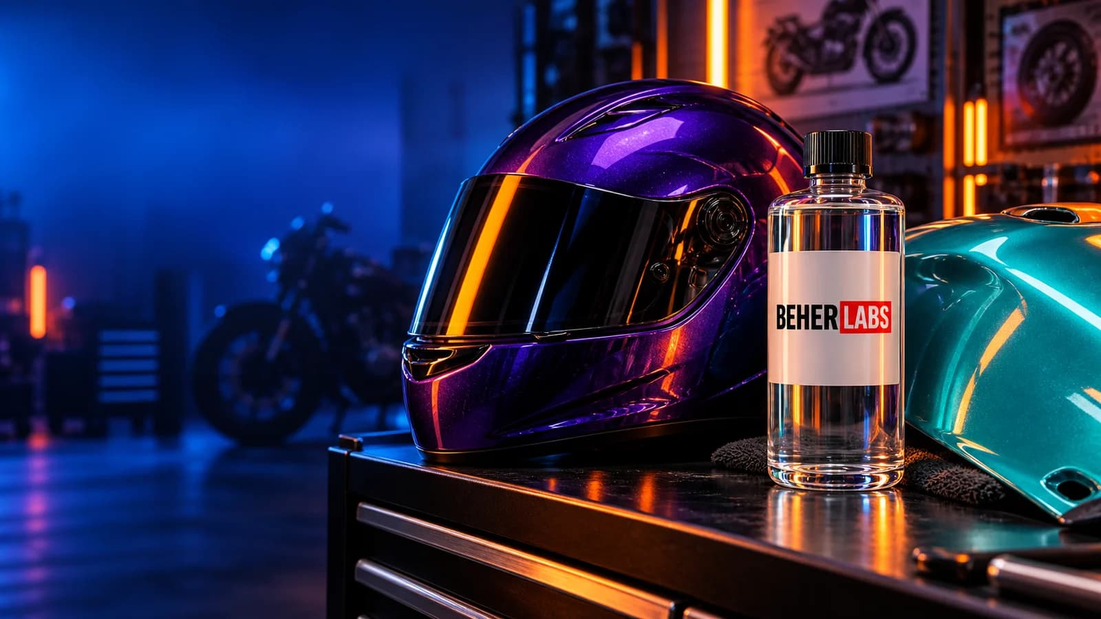 Neon ışıklı motosiklet garajında parlak mor kaskın yanında duran Beherlabs etiketli berrak şişe