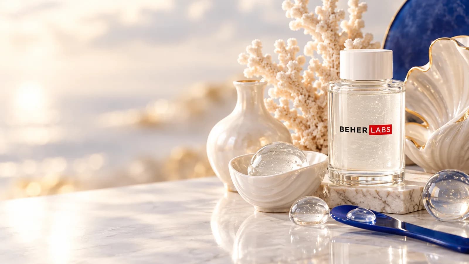 Deniz kıyısında incilerin, mercanın ve deniz kabuklarının arasında, mermer yüzeyde duran Beherlabs etiketli şişe